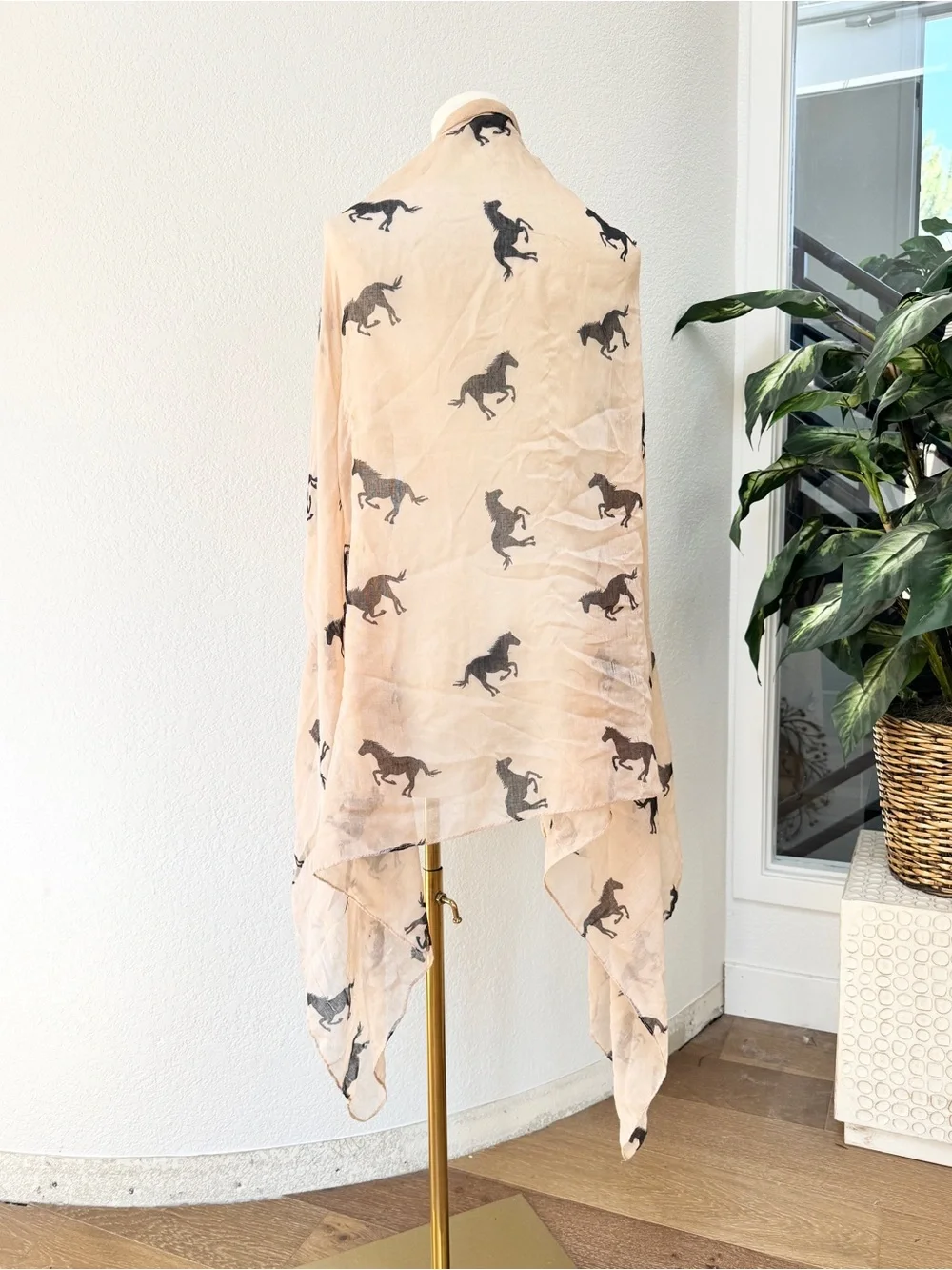 Large 68” Light Beige Black Horse Print Scarf Sheer Linen *wounded/clearance